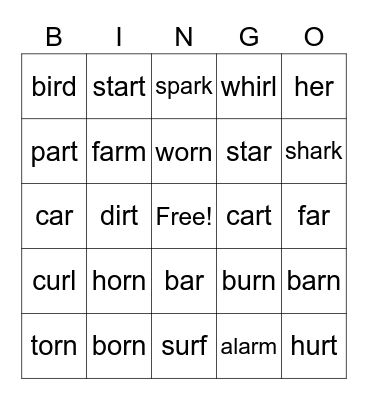 r controlled vowels Bingo Card