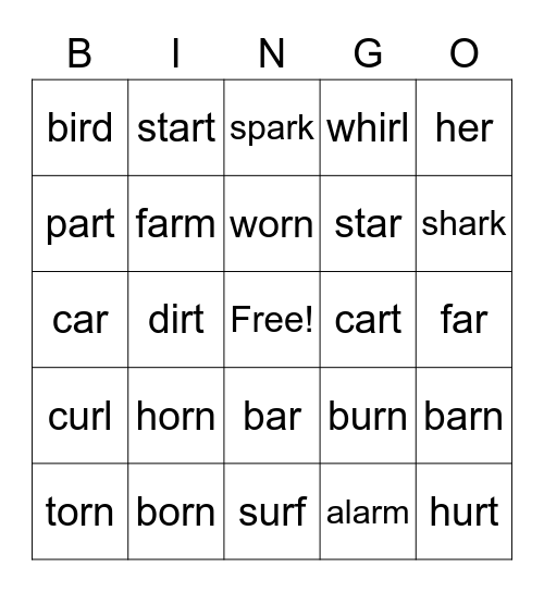 r controlled vowels Bingo Card