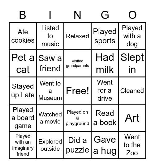 Weekend Recap Bingo Card