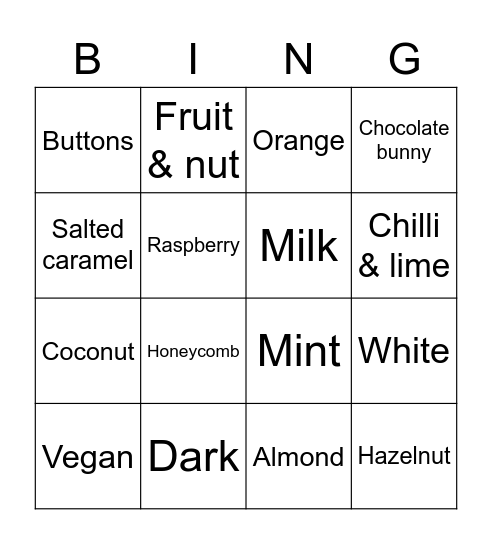 Fairtrade chocolate Bingo Card