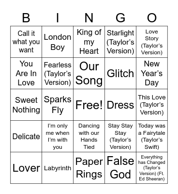 Taylor Swift Love Songs Bingo Card