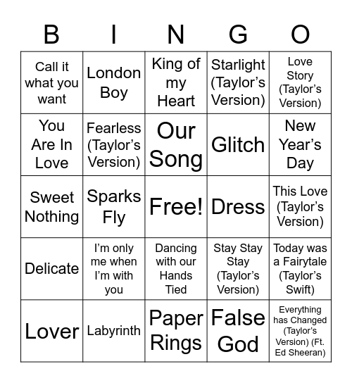 Taylor Swift Love Songs Bingo Card