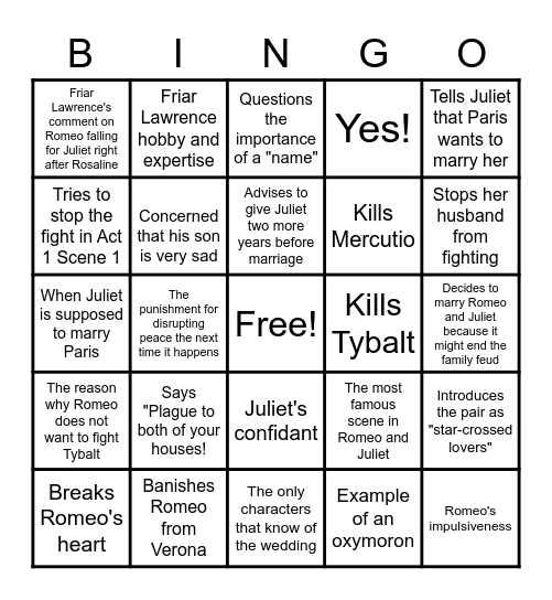 Romeo and Juliet Acts 1-3 Bingo Card