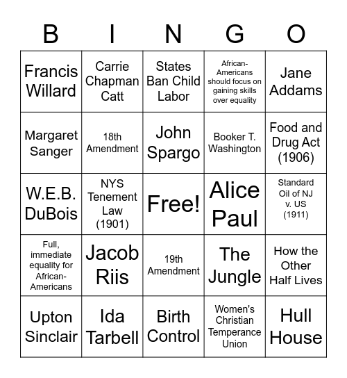 Progressive Reformer Bingo Card