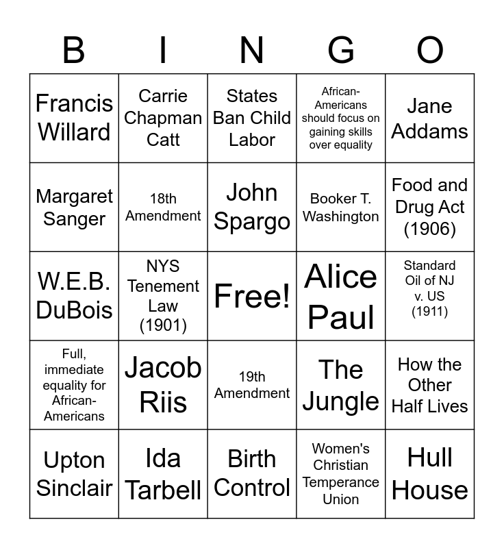 Progressive Reformer Bingo Card