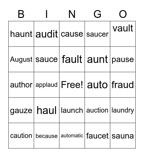 Diphthongs au and aw Bingo Card