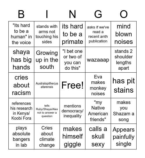 Russel Cutts BioAnth Bingo Card