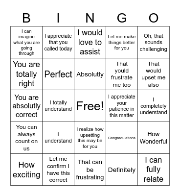 Great Customer Service Bingo Card