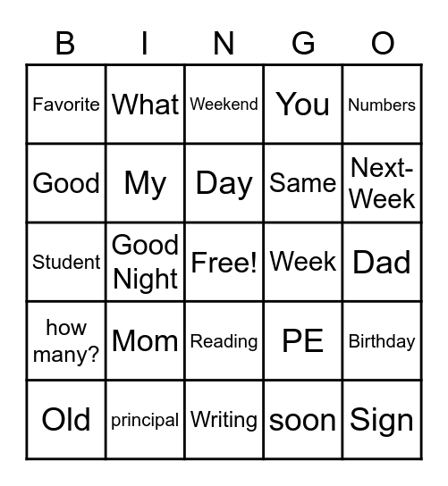 ASL Vocab Bingo Card