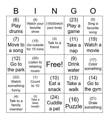 Coping Skills Bingo Card