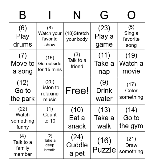 Coping Skills Bingo Card