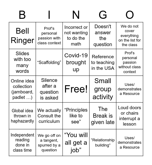 A Mean and Sarcastic Education Class Bingo Card Bingo Card