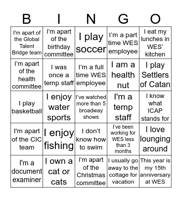 Hobbies & Interests Bingo Card