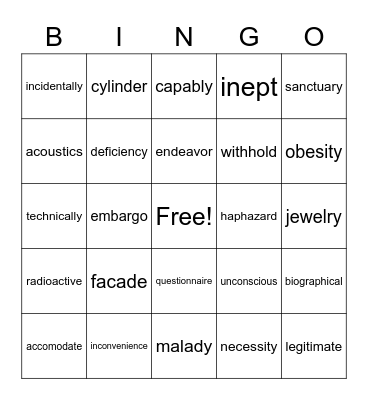 Eighth Grade Spelling Bingo Card