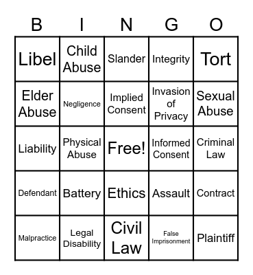 Medical Legal Terms Bingo Card