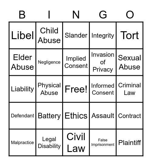 Medical Legal Terms Bingo Card