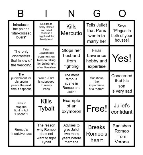 Romeo and Juliet Acts 1-3 Bingo Card