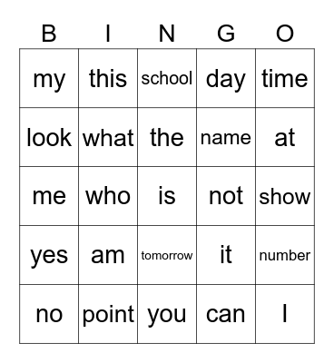 High Frequency Words Bingo Card