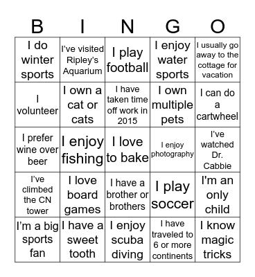 Hobbies & Interests Bingo Card