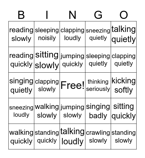 Verbs + Adverbs Bingo Card