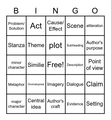 Family Reading Night Bingo Card