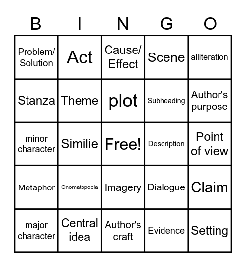 Family Reading Night Bingo Card