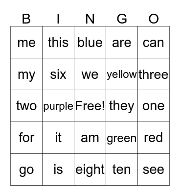 sight words Bingo Card