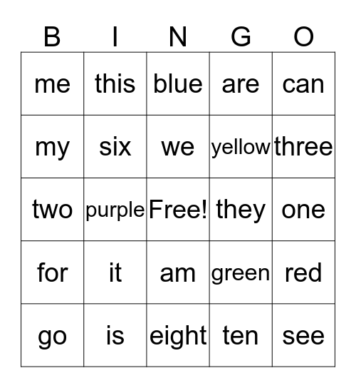 sight words Bingo Card