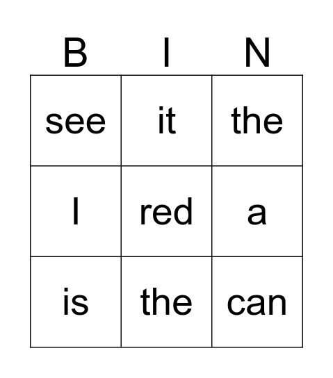 sight words Bingo Card