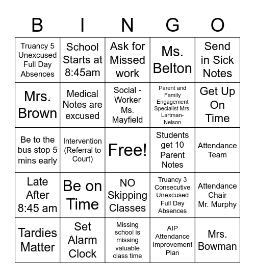 Attendance Bingo Card