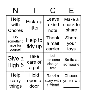 Acts of Kindness Bingo Card