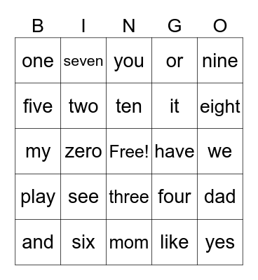 Sight Words Bingo Card