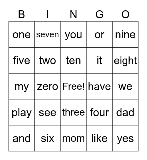 Sight Words Bingo Card