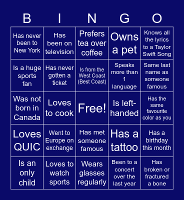 QUIC Women's Get to Know You Bingo Card