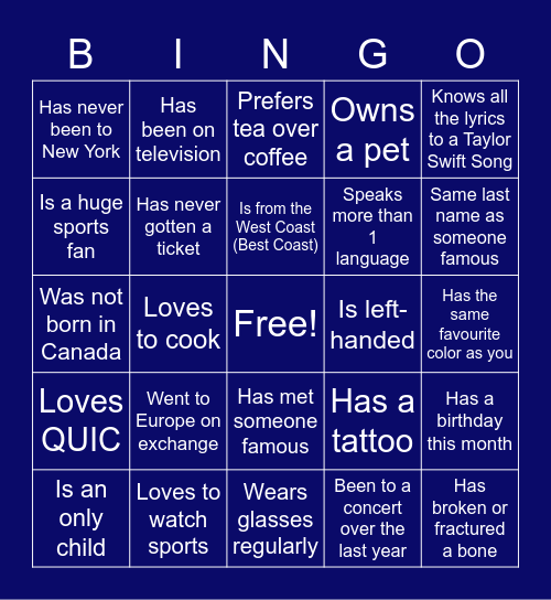 QUIC Women's Get to Know You Bingo Card