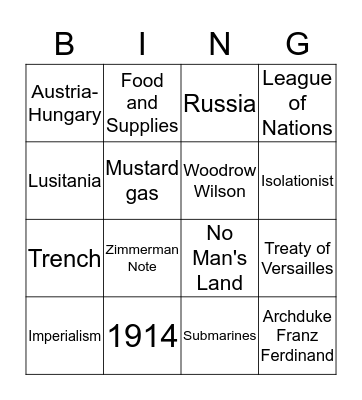 World War 1 Bingo Card