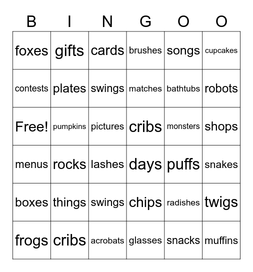 Plural Suffixes -s says /s/ or /z/ and -es says /iz/ Bingo Card