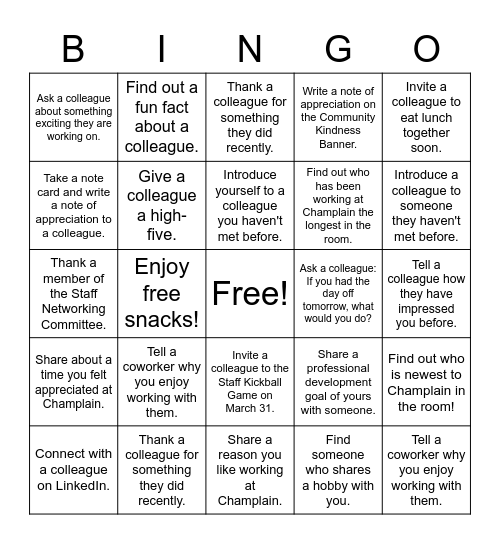 Share the Champlain Appreciation Bingo Card