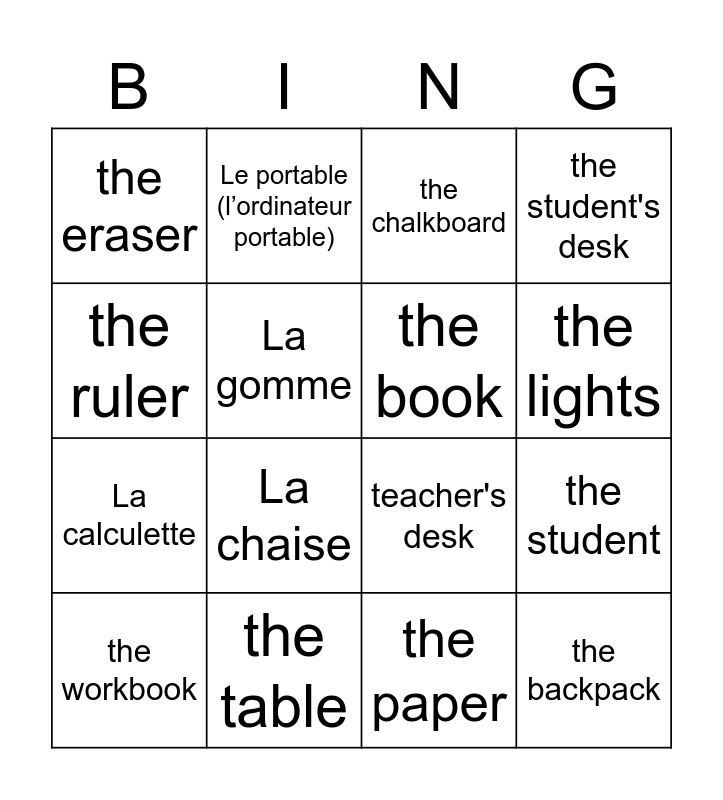 French Classroom Objects Bingo Card