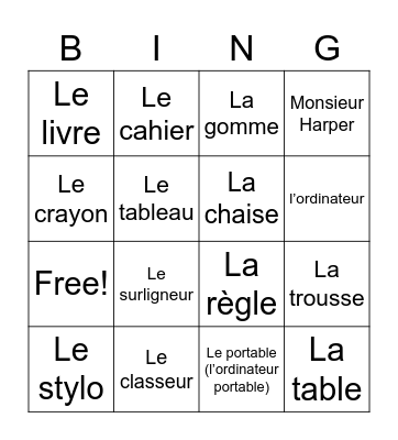 French classroom objects Bingo Card