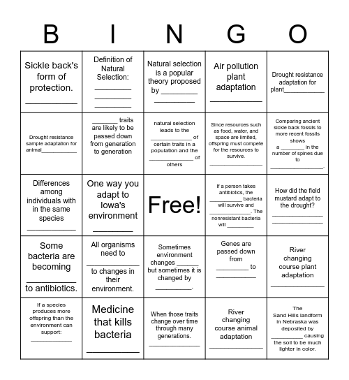 Natural Selection Bingo Card