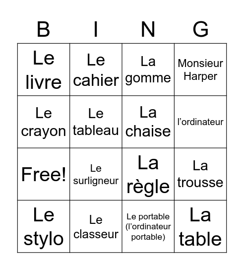 7G French classroom objects Bingo Card