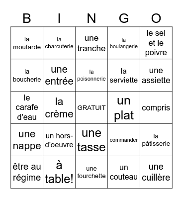 À table! (unité 1B) Bingo Card