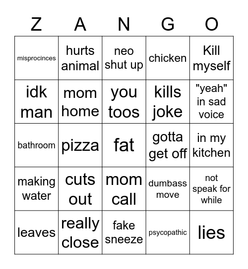 zane bigo Bingo Card