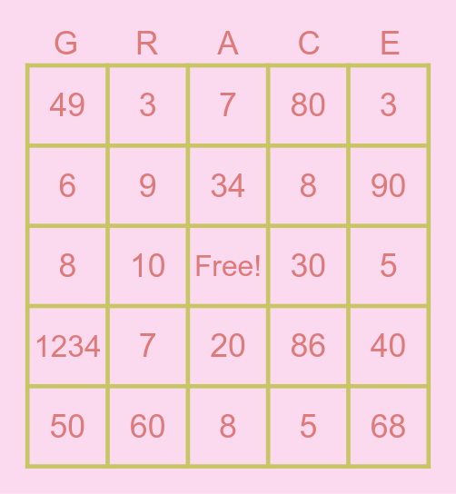 Grace's Sweet 16 Bingo Card