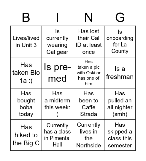 Cal Coordinate Bingo! Bingo Card
