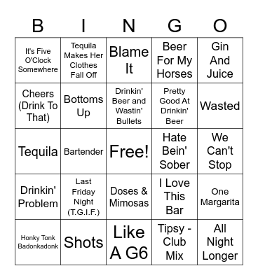 Songs about Getting Drunk Bingo Card