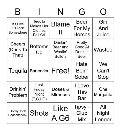 Songs about Getting Drunk Bingo Card