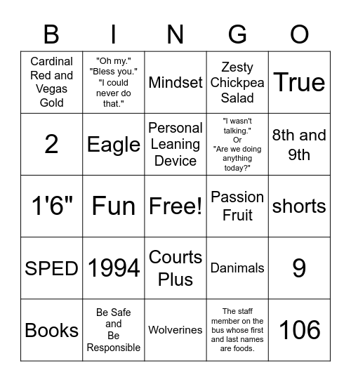 FUN Bus BINGO Card