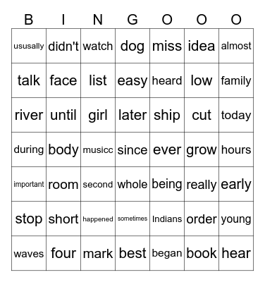 Sight Words Bingo Card